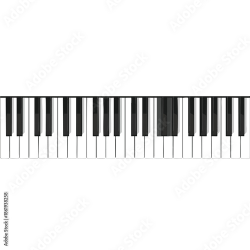 Overhead view of a piano keyboard with black and white keys on a white background
