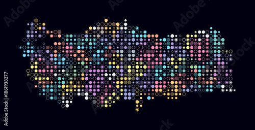 Turkey, shape of the country build of colored cells. Digital style map of the Turkey on dark background. Small size circle blocks. Classy vector illustration.