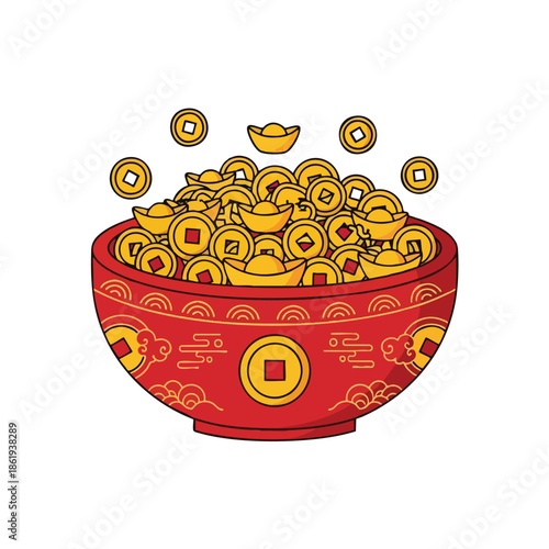 A red bowl brimming with gold ingots and coins, a symbol of wealth