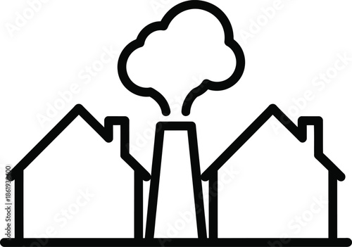 Industrial pollution affecting residential areas, factory emitting smoke near homes icon