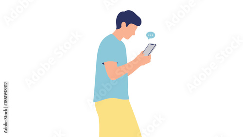 A man standing and using a mobile phone with a thought bubble above his head
