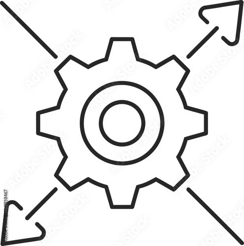 Cogwheel with outward arrows representing process distribution, settings, or multiple options