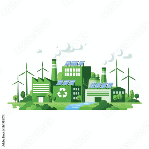 Illustration of an eco-friendly factory with wind turbines, solar panels, and greenery