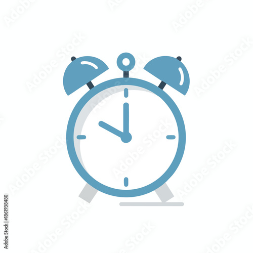 A simple, cartoon-style blue alarm clock on a white background, telling time