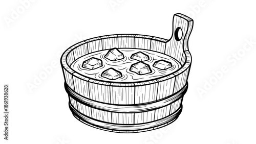 Wooden tub with ice floating for refreshing drinks in a rustic setting