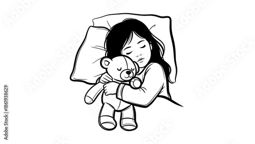 Girl hugging a plush toy while sleeping for childhood innocence and comfort concept