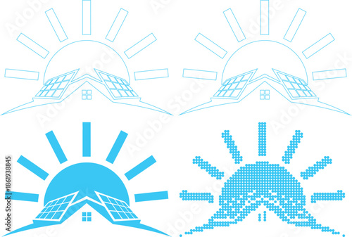 Solar energy icons with sun and house and solar panels in various styles and colors