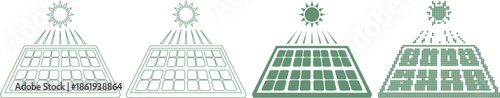 Solar panels with sun rays in different shades of green color