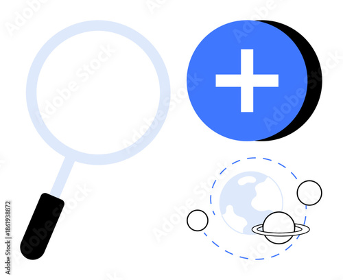 Exploration concept. Exploration tools thumbs up magnifying glass, plus symbol, and planetary elements indicate discovery. Exploration promotes research, problem-solving, and progress. For science