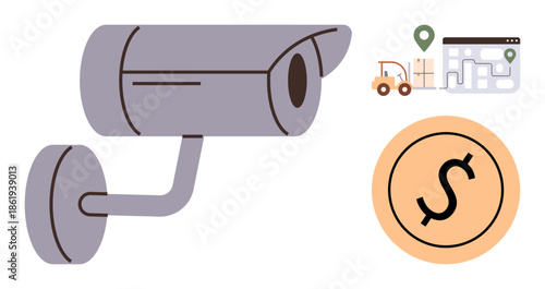 Security camera watches over warehouse scene with forklift and package delivery map beside currency icon. Ideal for safety, logistics, surveillance, commerce, finance, supply chain, protection