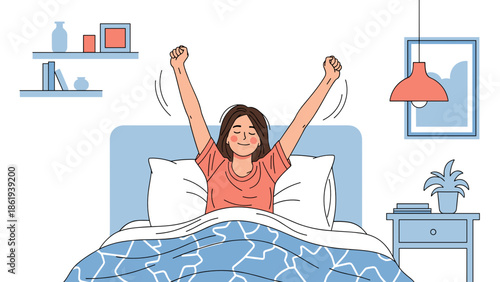 Happy woman stretching in bed with cheerful expression in cozy bedroom