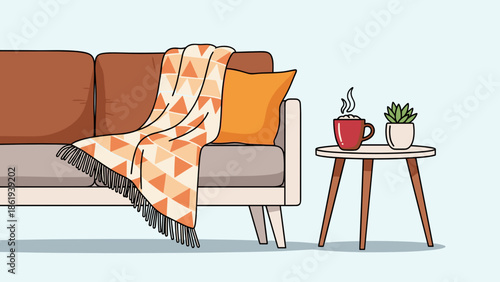 Cozy blanket on sofa with a hot cocoa mug and potted plant for home comfort concept