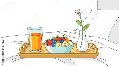Breakfast tray with fruit and juice in bed for healthy morning routine and wellness concept