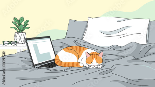 Cat sleeping on a laptop on a bed for cozy home and pet love concept
