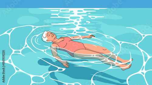 Elderly woman floating in clear turquoise water for relaxation and wellness concept