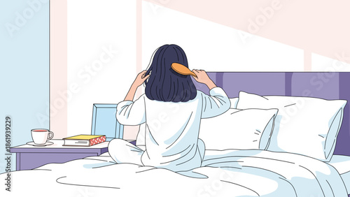 Girl sitting on bed brushing hair in cozy bedroom interior with pastel colors