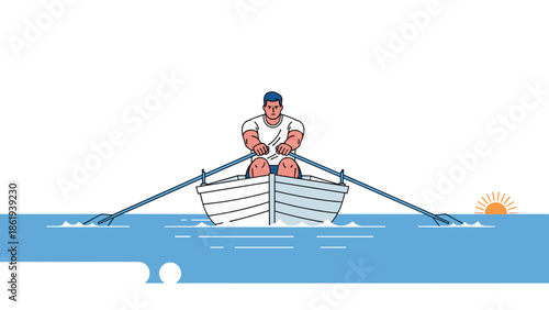 Man rowing a small boat solo in calm waters during sunrise for adventure and fitness concept