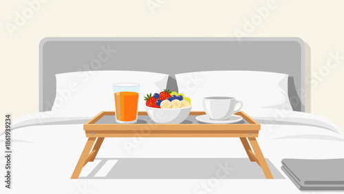 Breakfast tray with fruit and juice in bed for home comfort and morning routine concept