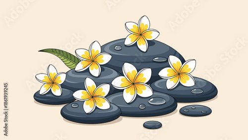 Frangipani flowers on wet stones for spa and wellness treatment concept