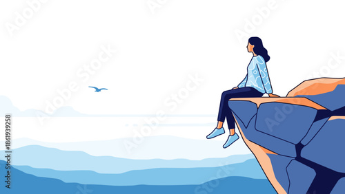 Woman sitting on the edge of a boulder cliff overlooking the sea for adventure and relaxation concept