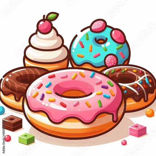 Cartoon donuts arranged with frosting sprinkles and toppings