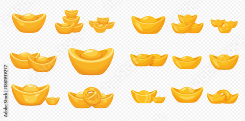 Set of golden Chinese ingots, sycee, or yuanbao, traditional symbols of wealth and prosperity.