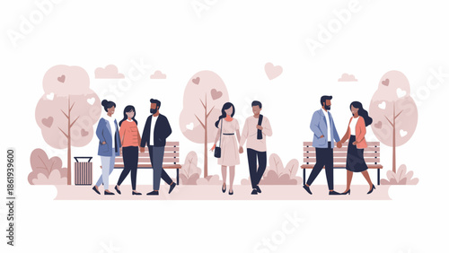 Digital illustration of diverse people walking and socializing in a pink-toned park on Valentine's Day with a joyful atmosphere.