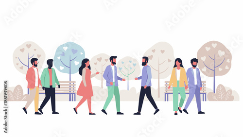 Illustration of diverse people walking together in a park on Valentine's Day with colorful outfits and a lively atmosphere.