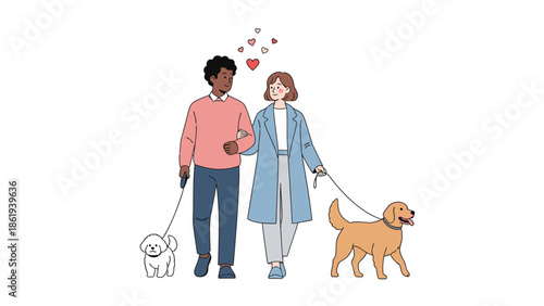 Illustration of a diverse couple walking their dogs on Valentine's Day with a romantic and affectionate mood against a clean white background.