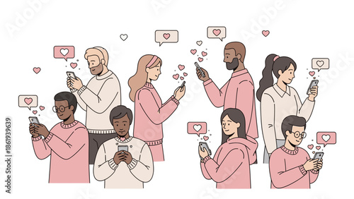 Illustration of diverse people using smartphones with social media icons and hearts on Valentine's Day against a clean white background.