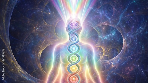 The powerful and transformative awakening of Kundalini energy, visualized as a coiled serpent rising up the spine through the chakras.