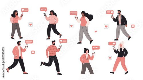 Illustration of people walking and chatting on Valentine's Day with speech bubbles and hearts on a white background.