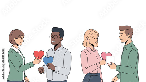 Illustration of diverse couples exchanging Valentine's Day gifts and hearts on white background.