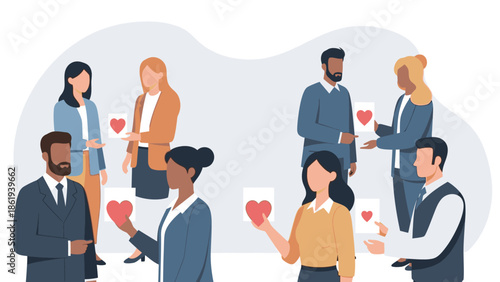 Illustration of diverse people exchanging Valentine's Day hearts in a casual, friendly gathering with a warm and affectionate mood.