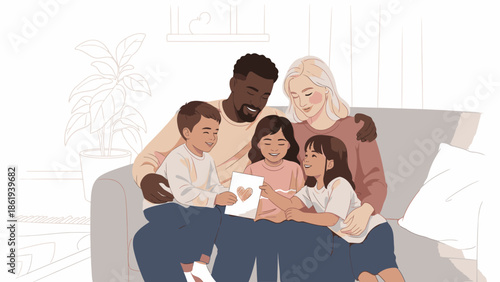 Illustration of a diverse family sitting on a couch together on Valentine's Day looking at a card with love and affection in a warm home setting.