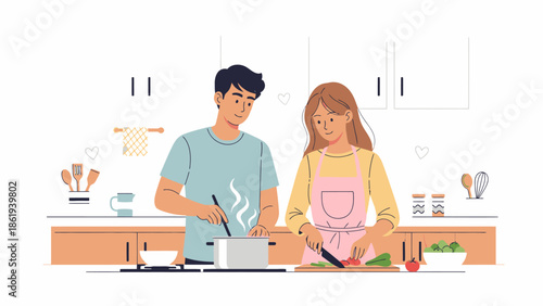Illustration of a couple cooking together in a kitchen on Valentine's Day with a warm and intimate atmosphere.