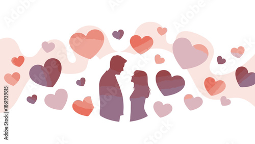 Illustration of a couple on Valentine's Day with hearts on white background in pink and red tones.