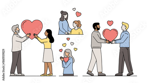 Illustration of people sharing love and hearts in diverse relationships.