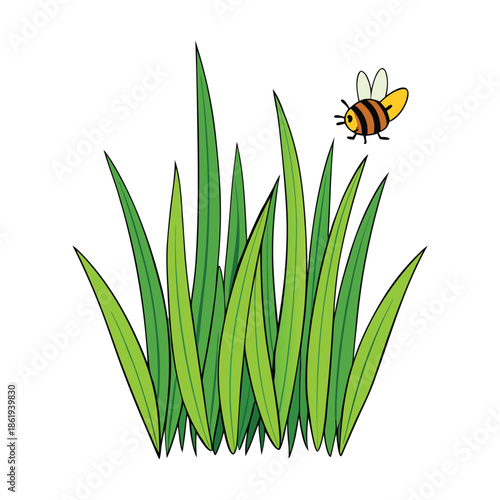 Fresh green grass sways under soft sunlight as a tiny bee hovers nearby, gathering nectar and bringing a calm, lively touch of nature to the peaceful scene.
