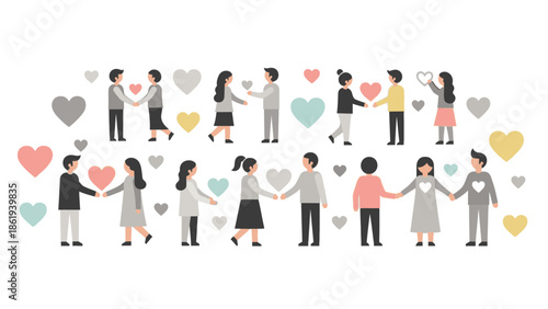 Illustration of diverse couples holding hands surrounded by hearts.