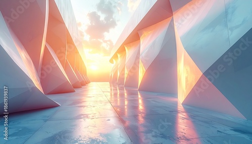 A serene mountain landscape featuring a golden sunrise over a lake where a sailing yacht silhouettes against a vibrant summer sky during a nautical travel vacation