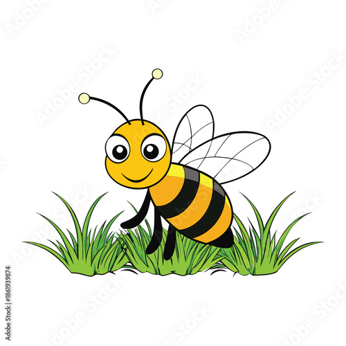 Fresh green grass sways under soft sunlight as a tiny bee hovers nearby, gathering nectar and bringing a calm, lively touch of nature to the peaceful scene.
