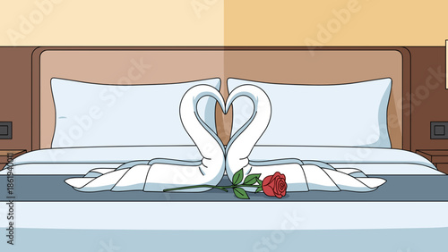 Towel swans on hotel bed creating romantic atmosphere with elegant decor