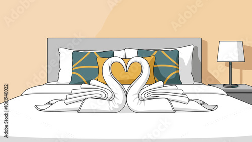Towel swans on hotel bed creating romantic atmosphere with elegant decor