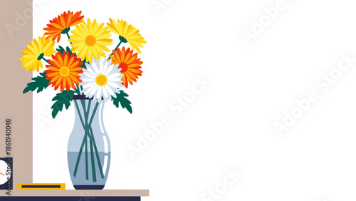 Vibrant bouquet of flowers in a vase on a table with copy space for decoration