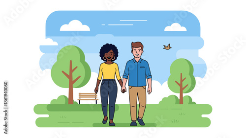 Couple walking hand in hand in the park with cheerful expressions under sunny sky
