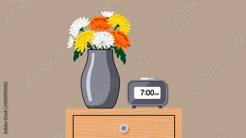 Vase with flowers and clock on bedside table in cozy bedroom setting