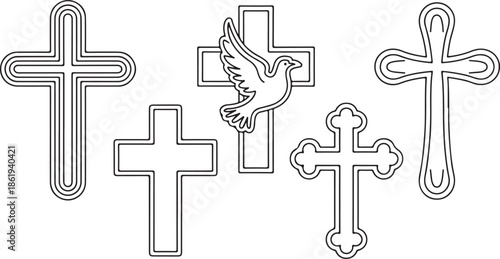 A set of simple, clean black and white line art illustrations of various Christian cross symbols.