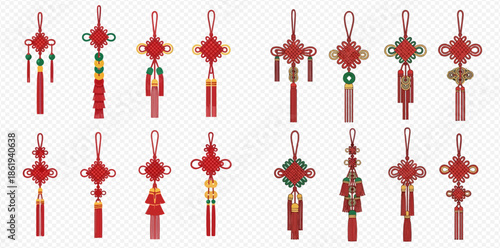 Set of traditional Chinese knots with red tassels for good luck and prosperity.