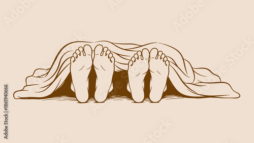 Couple's feet sticking out under blanket with cozy atmosphere on soft background